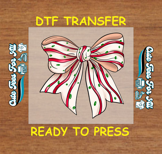 candy stripe christmas bow dtf transfer with red and green polka dots ready to press iron on heat transfer for diy shirts