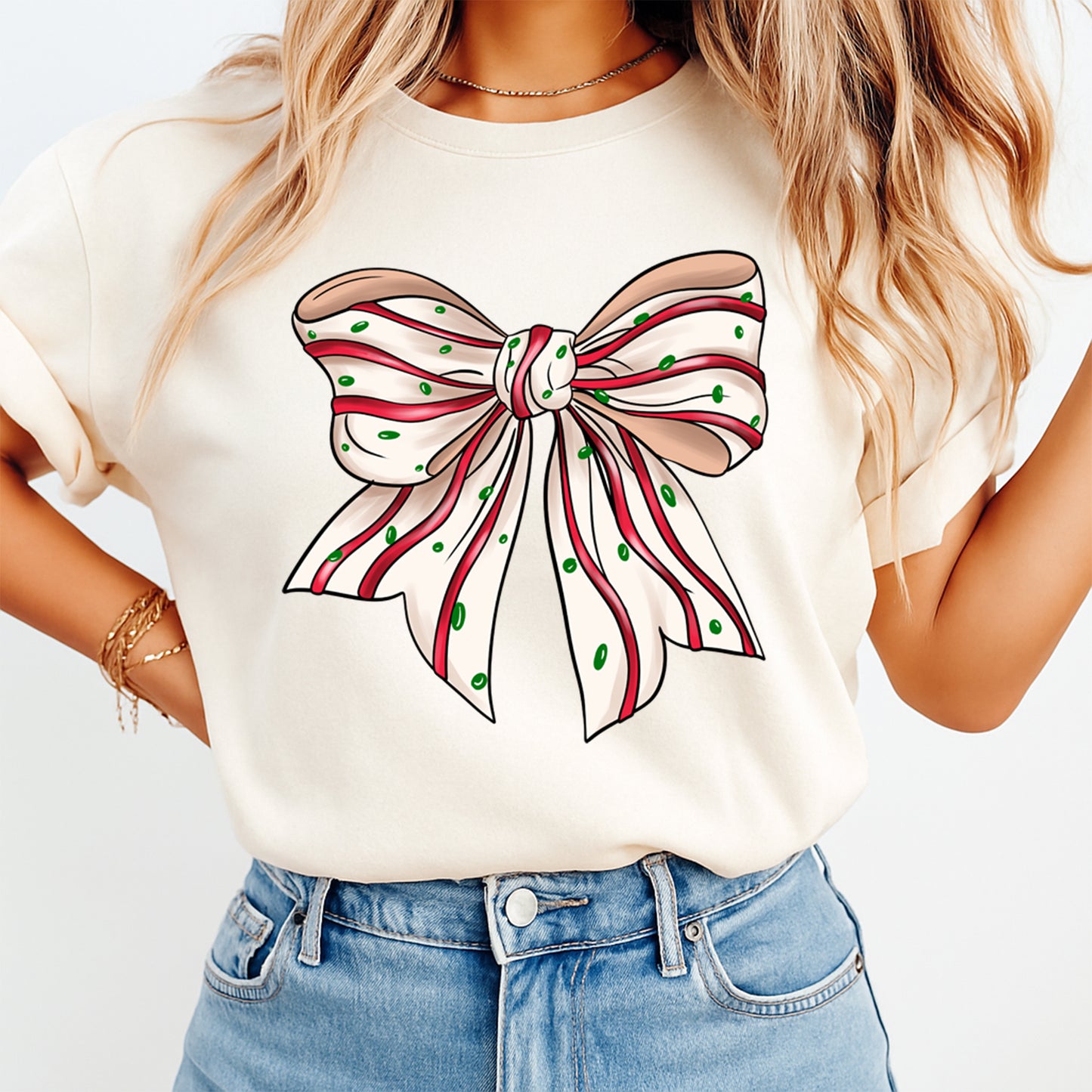 Christmas DTF Transfer – Candy Stripe Bow with Red and Green Polka Dots Ready to Press Iron On Heat Transfer for DIY Shirts 11722