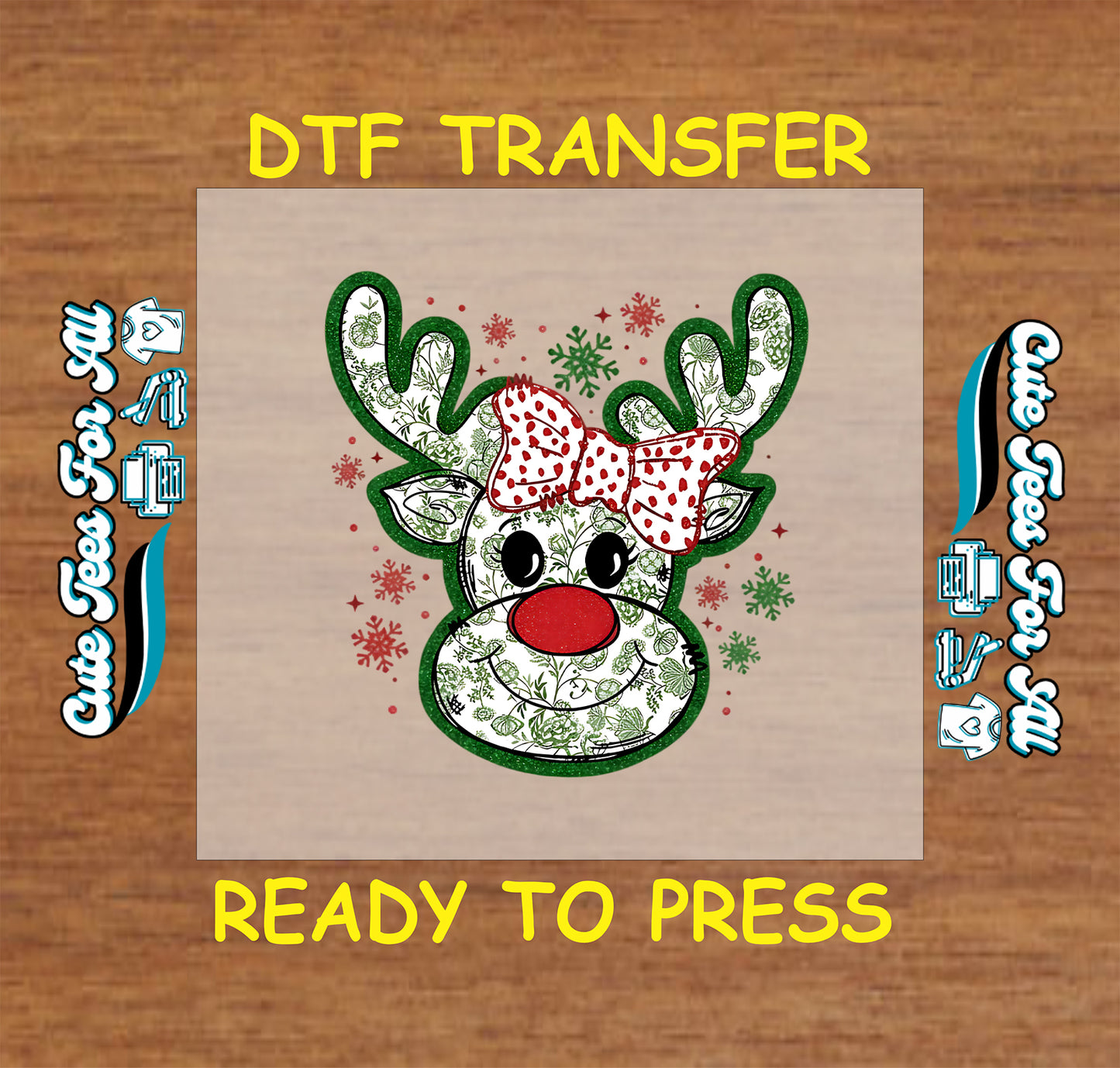 Christmas reindeer with red polka dot bow and snowflakes, ready to press dtf iron on heat transfer for DIY shirts
