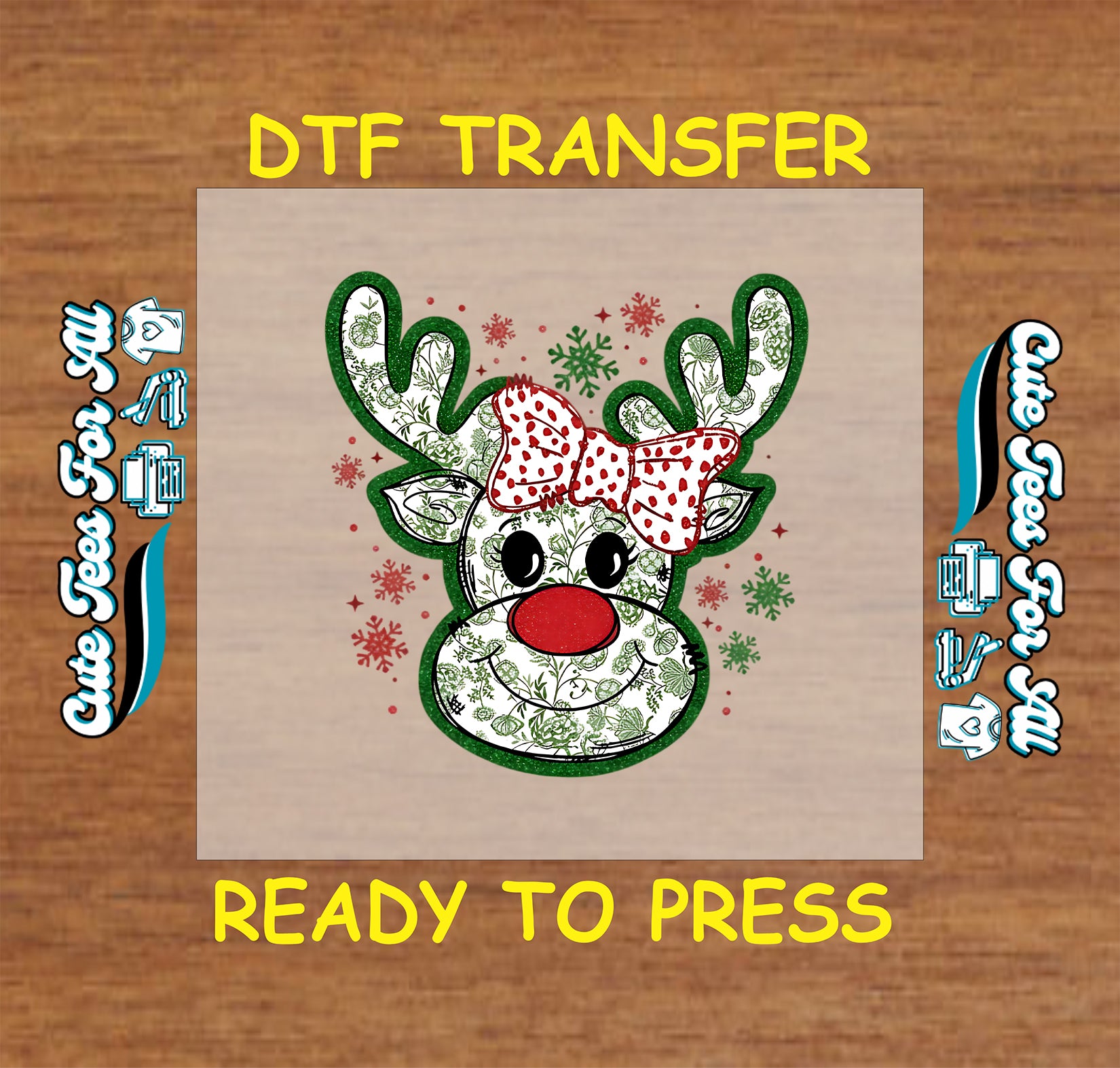 Christmas reindeer with red polka dot bow and snowflakes, ready to press dtf iron on heat transfer for DIY shirts