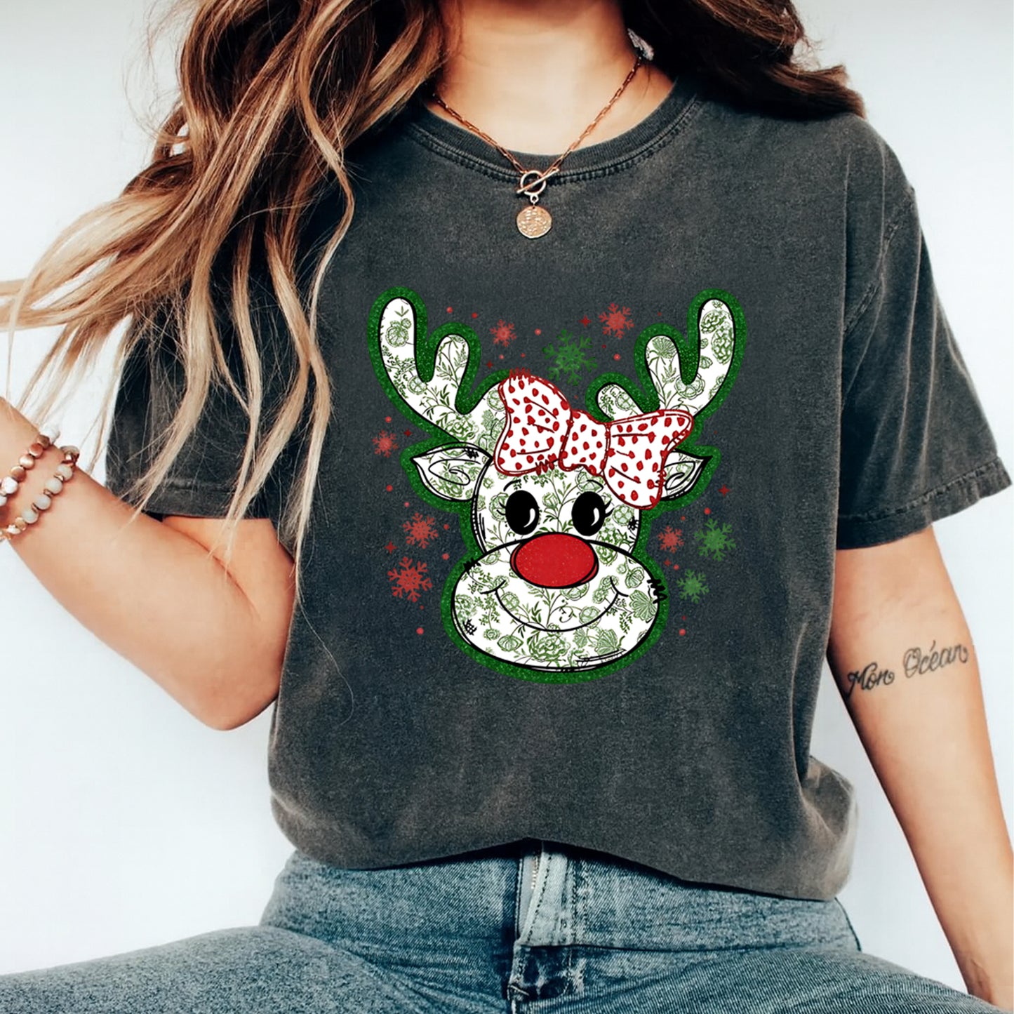 Christmas DTF Transfer – Reindeer with Red Polka Dot Bow Ready to Press Iron On Heat Transfer for DIY Shirts 11723