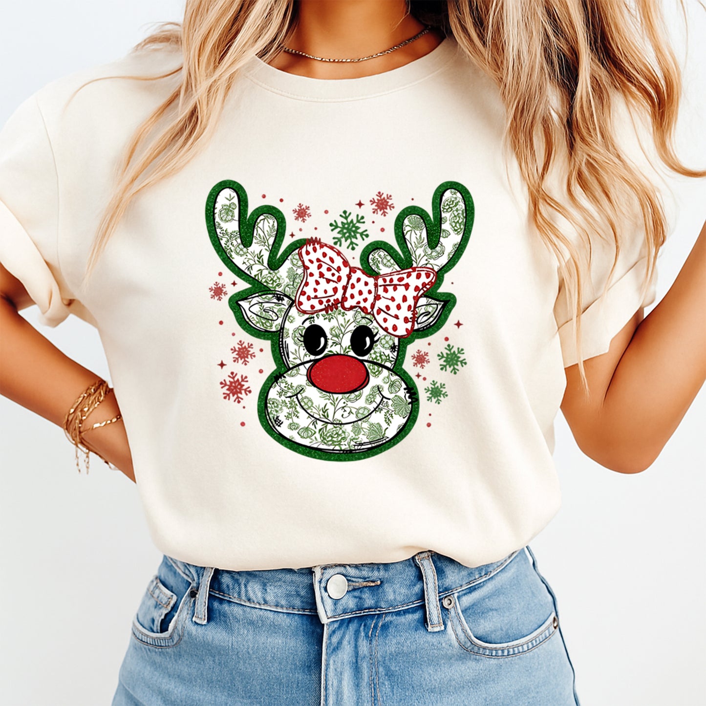 Christmas DTF Transfer – Reindeer with Red Polka Dot Bow Ready to Press Iron On Heat Transfer for DIY Shirts 11723