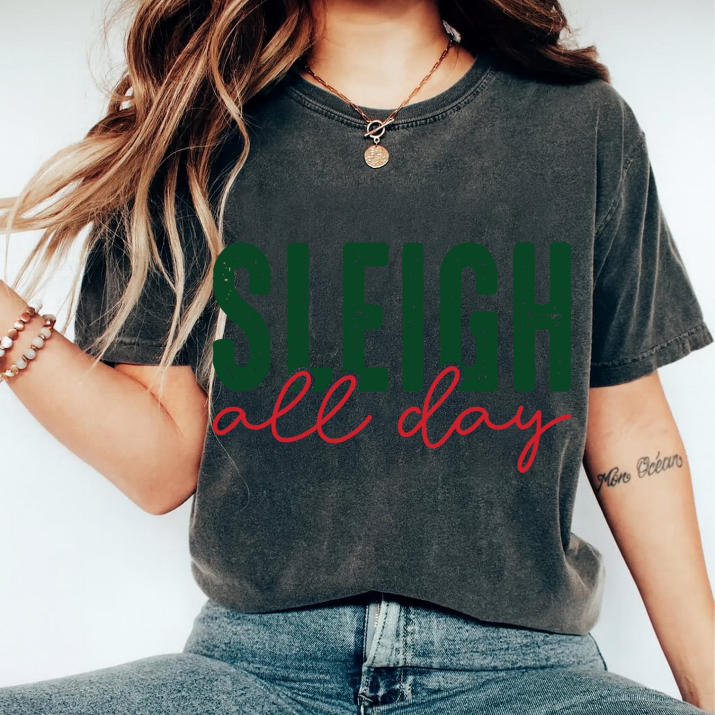 Christmas DTF Transfer – Sleigh All Day Festive Text Ready to Press Iron On Heat Transfer for DIY Shirts 11727