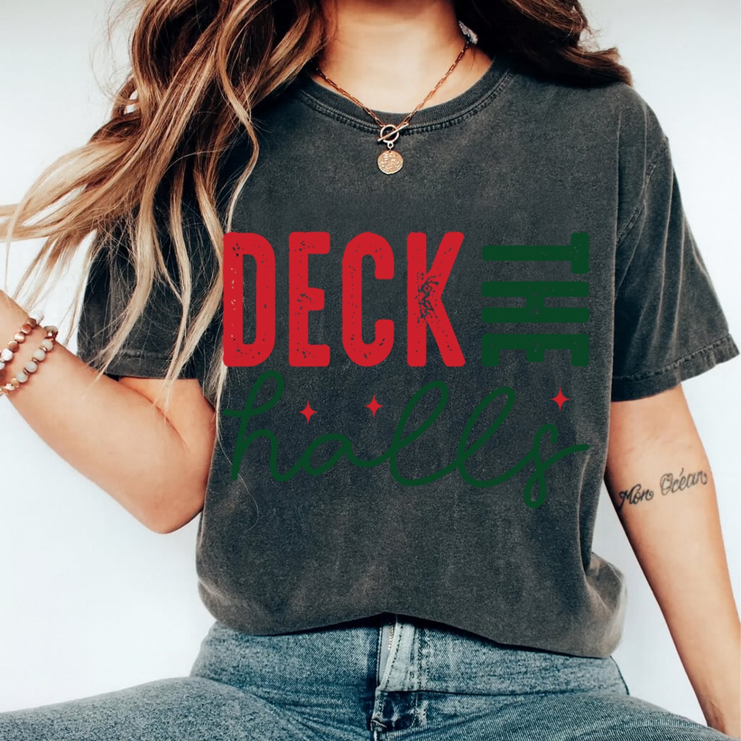 Christmas DTF Transfer – Deck the Halls Red & Green Lettering Ready to Press Iron On Heat Transfer for DIY Shirts 11728