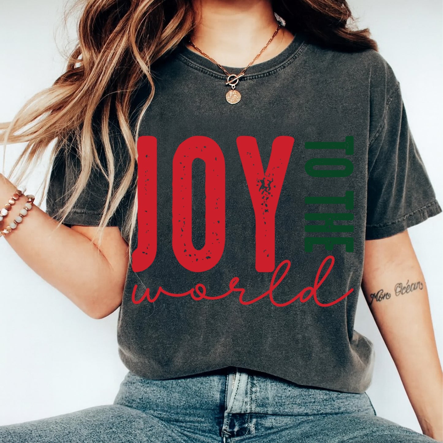 Christmas DTF Transfer – Joy to the World Red & Green Lettering Ready to Press Iron On Heat Transfer for DIY Shirts 11730