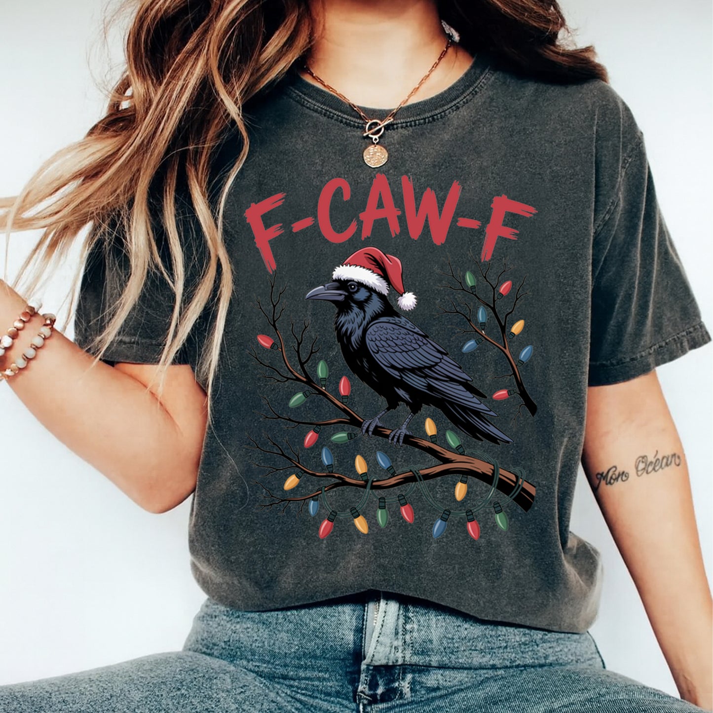 Christmas DTF Transfer – Crow with Santa Hat F-CAW-F Funny Holiday Ready to Press Iron On Heat Transfer for DIY Shirts 11731