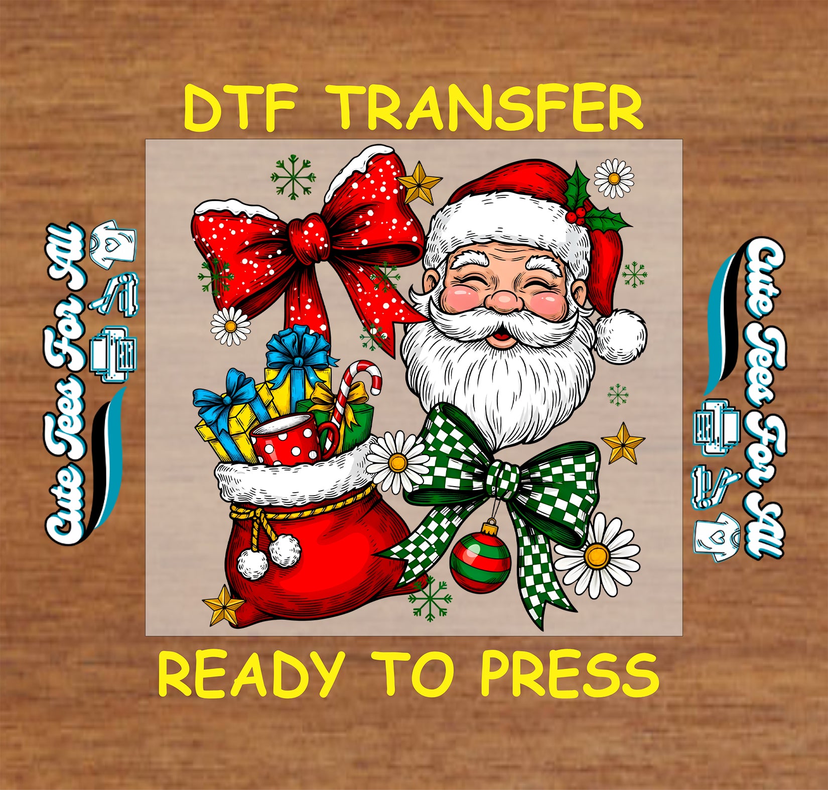 Santa with red gift bag, bows, and Christmas presents ready to press dtf iron on heat transfer for DIY shirts