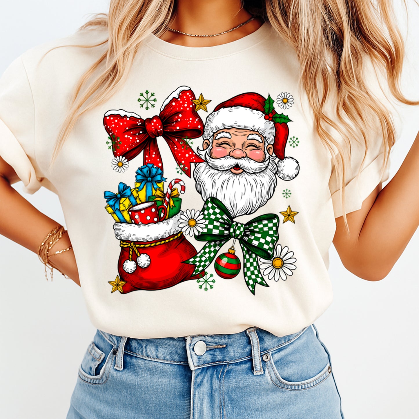 Christmas DTF Transfer – Santa with Gift Bag and Festive Bows Ready to Press Iron On Heat Transfer for DIY Shirts 11732