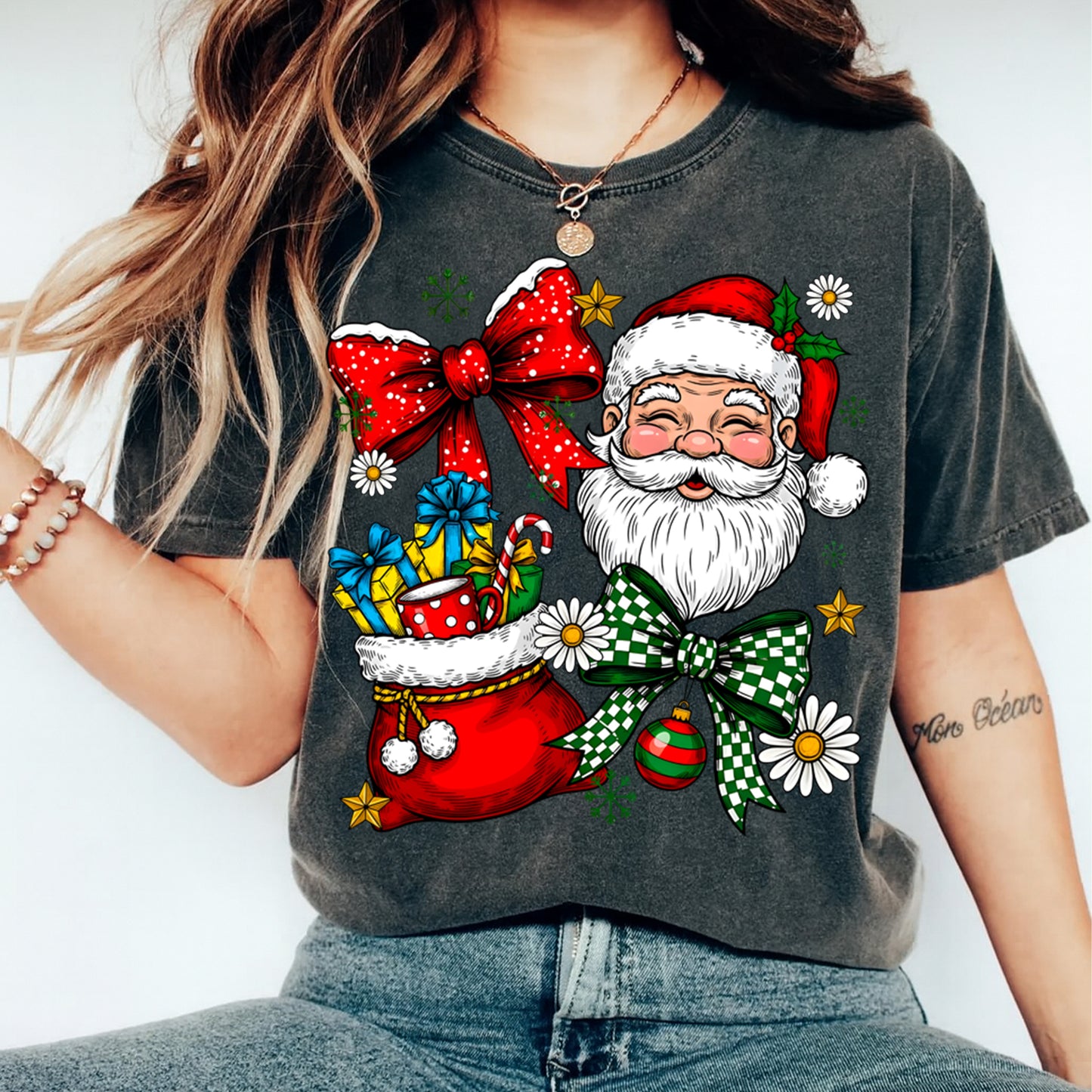 Christmas DTF Transfer – Santa with Gift Bag and Festive Bows Ready to Press Iron On Heat Transfer for DIY Shirts 11732
