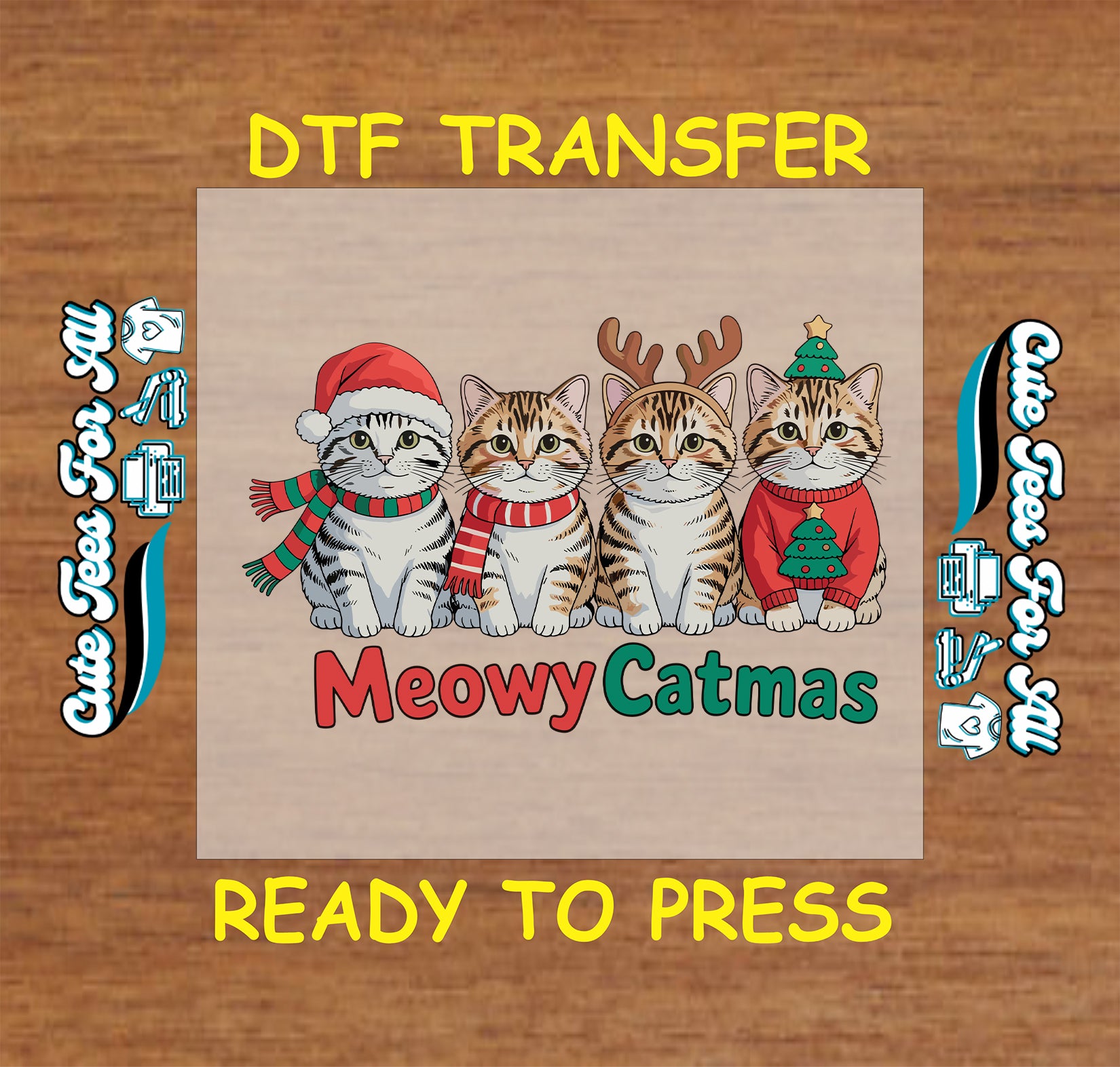 Four Christmas cats in Santa hats and sweaters with “Meowy Catmas” text, ready to press DTF iron on heat transfer for DIY shirts.