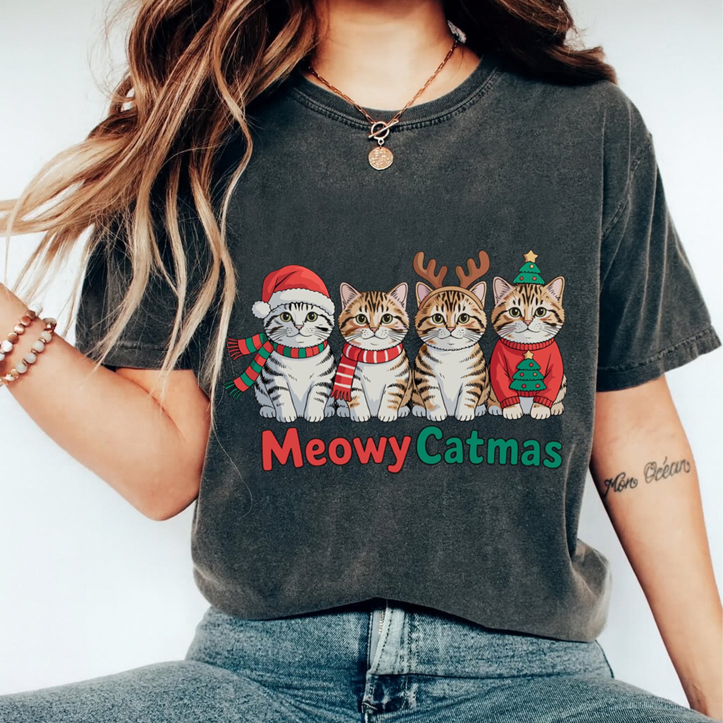 Christmas DTF Transfer – Meowy Catmas Cats in Santa Hats Ready to Press Iron On Heat Transfer for DIY Shirts 11733