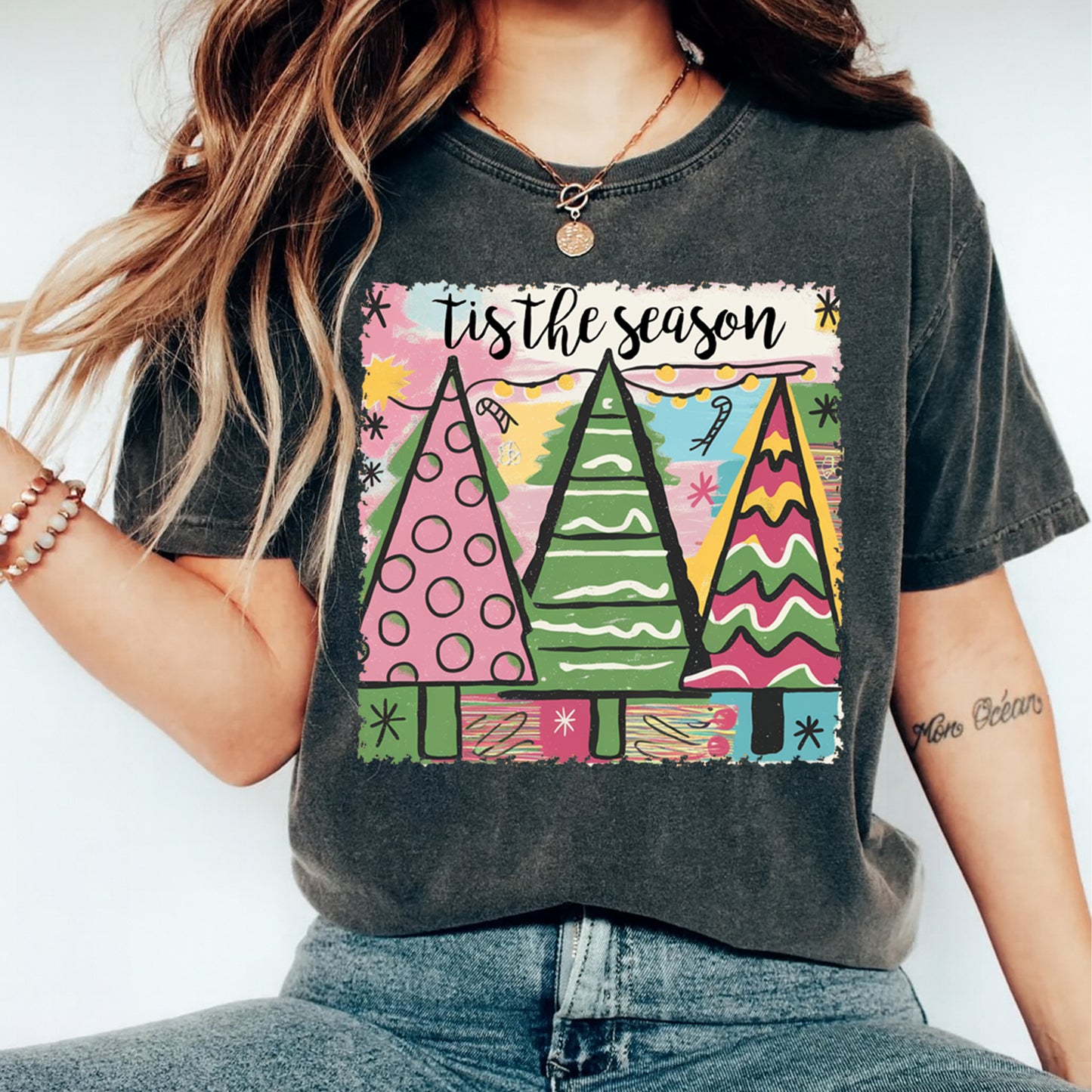 Christmas DTF Transfer – ’Tis the Season Retro Colorful Christmas Trees Ready to Press Iron On Heat Transfer for DIY Shirts 11734