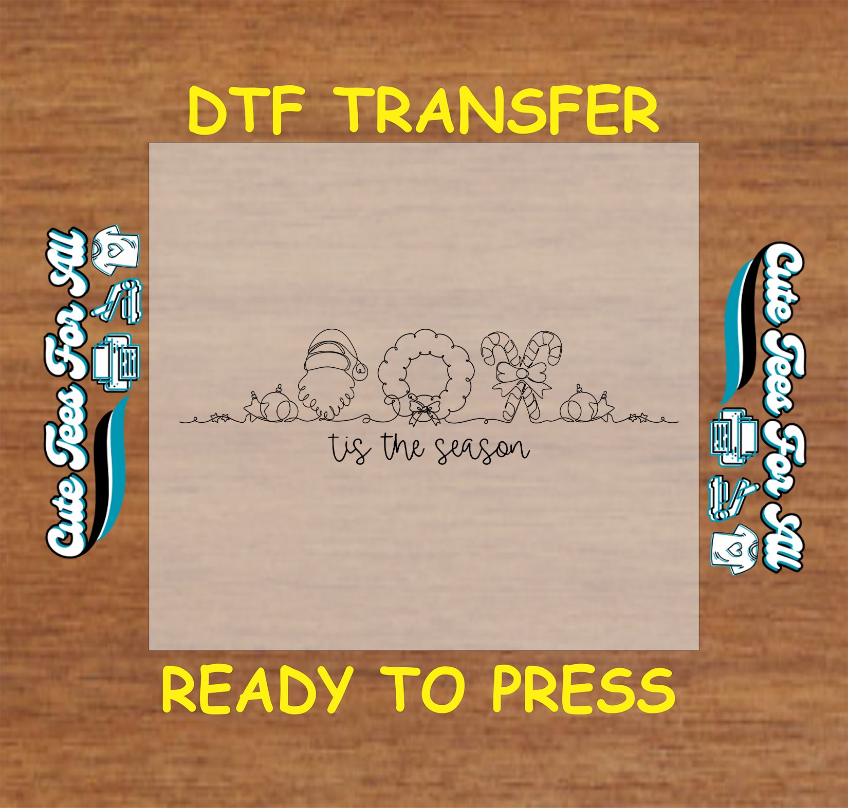 Minimalist black outline Christmas icons with “’Tis the Season” text, ready to press DTF iron on heat transfer for DIY shirts.