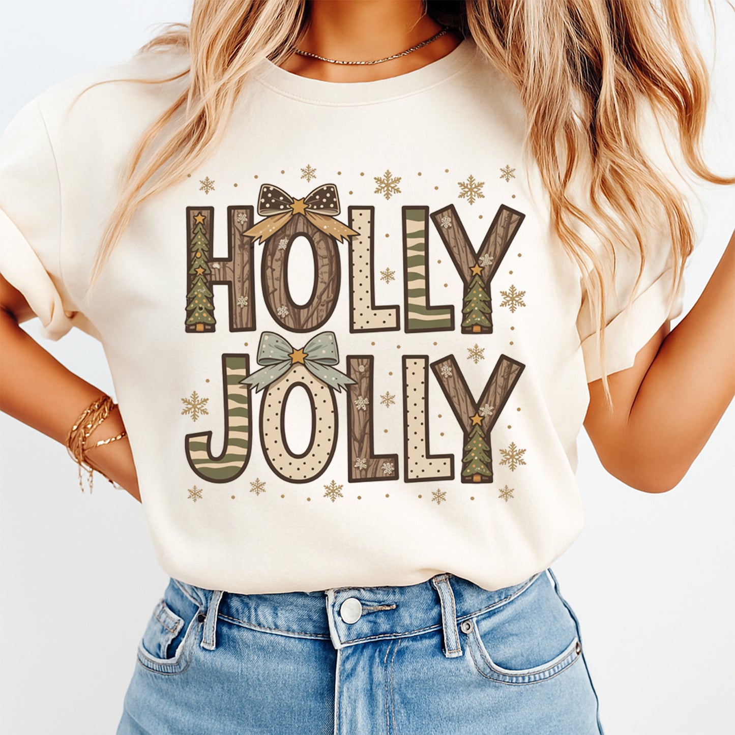 Christmas DTF Transfer – Holly Jolly Rustic Bows & Snowflakes Ready to Press Iron On Heat Transfer for DIY Shirts 11739