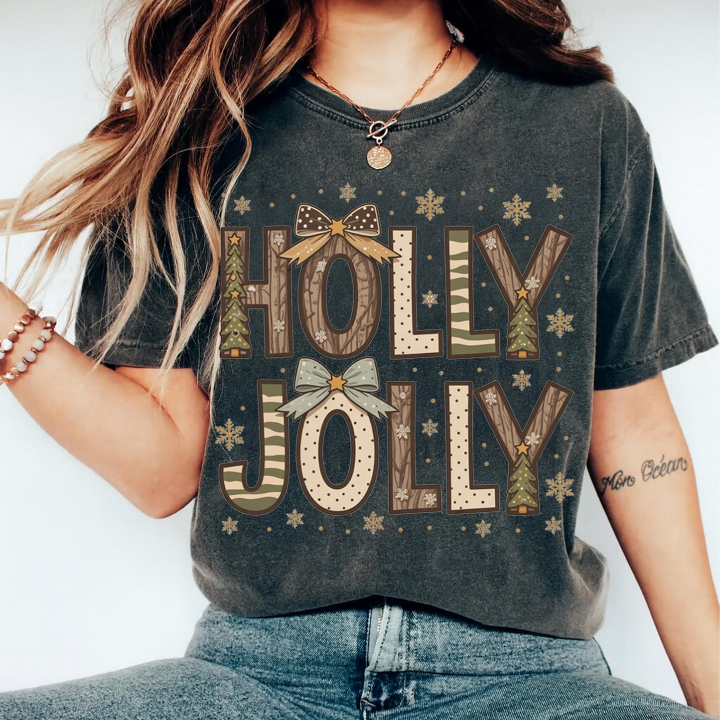 Christmas DTF Transfer – Holly Jolly Rustic Bows & Snowflakes Ready to Press Iron On Heat Transfer for DIY Shirts 11739