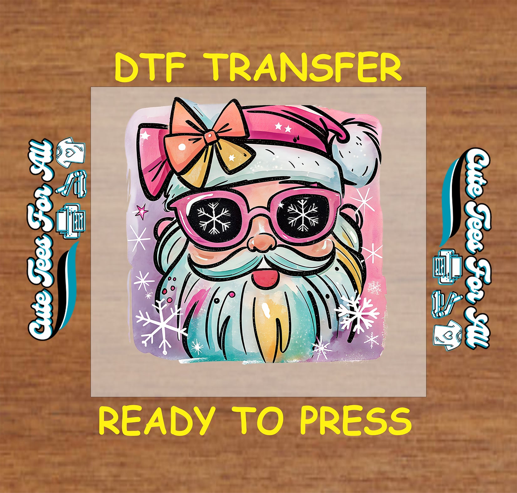 Retro Santa with pink sunglasses and bow Christmas DTF transfer, ready to press iron on heat transfer for DIY shirts.