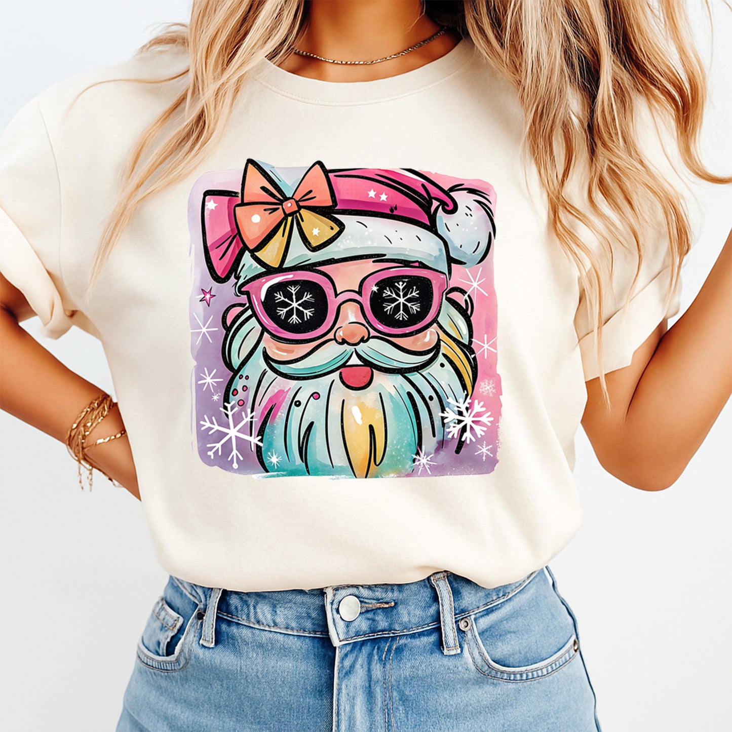 Christmas DTF Transfer – Retro Santa with Pink Sunglasses & Bow Ready to Press Iron On Heat Transfer for DIY Shirts 11740