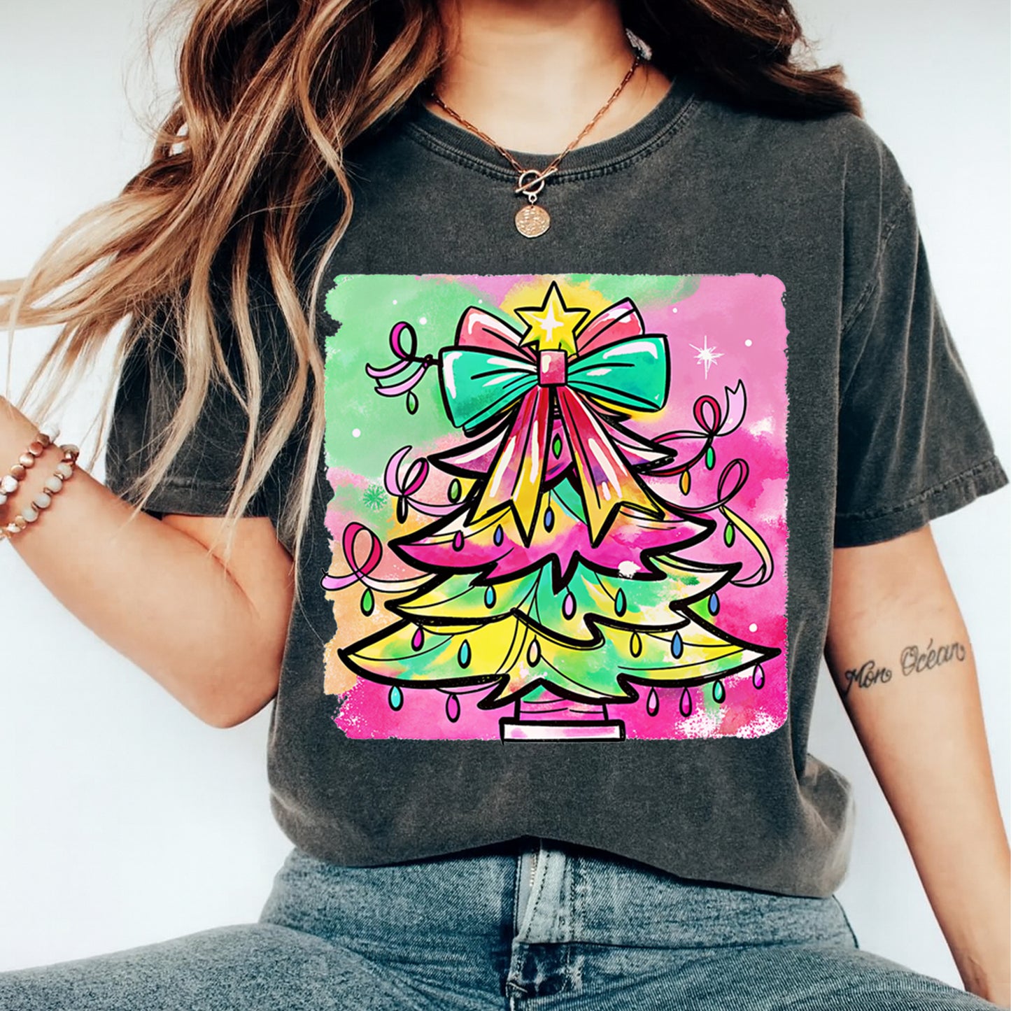 Christmas DTF Transfer – Bright Pastel Christmas Tree with Bow & Lights Ready to Press Iron On Heat Transfer for DIY Shirts 11743