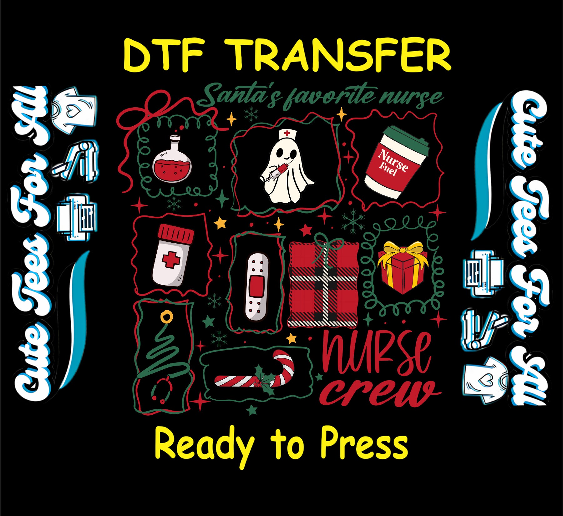 santas favorite nurse crew christmas ready to press dtf transfer iron on heat transfer diy shirts with medical holiday icons