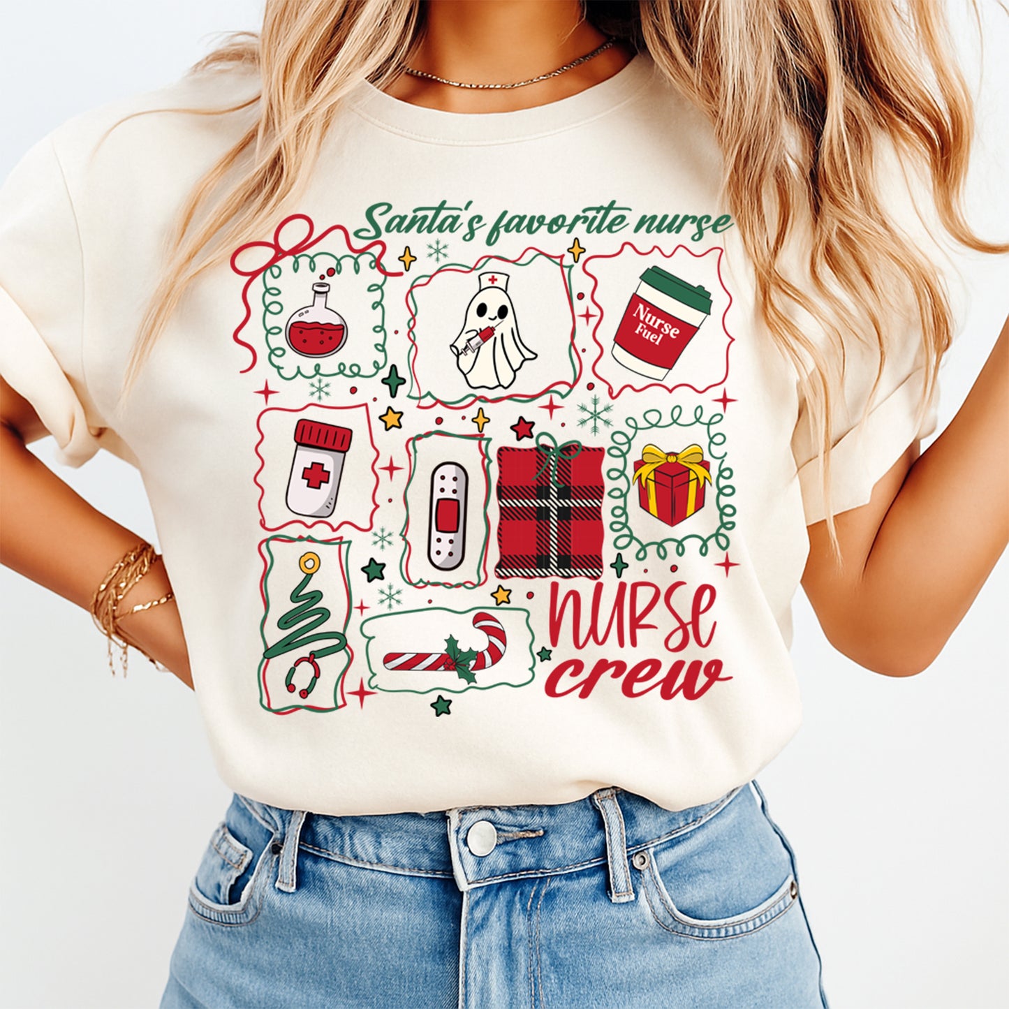 Christmas DTF Transfer – Santa’s Favorite Nurse Crew Holiday Icons Ready to Press Iron On Heat Transfer for DIY Shirts 11749