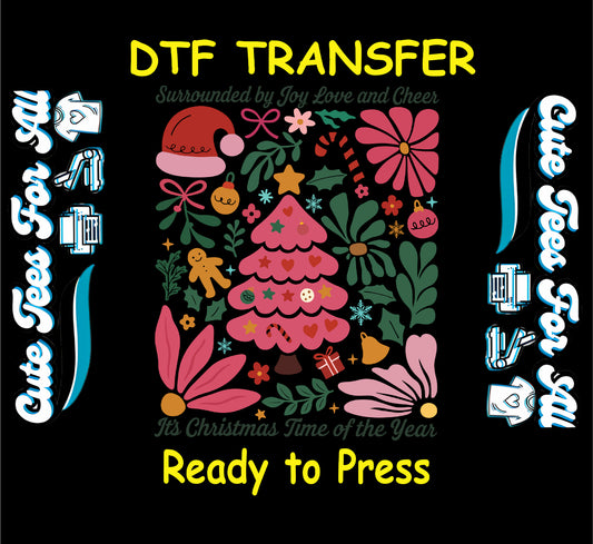 pink christmas tree surrounded by joy love and cheer floral ready to press dtf transfer iron on heat transfer diy shirts