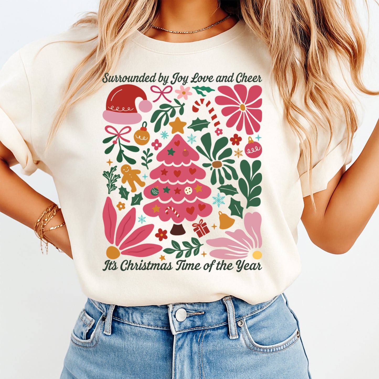 Christmas DTF Transfer – Pink Tree with Joy Love and Cheer Floral Holiday Elements Ready to Press Iron On Heat Transfer for DIY Shirts 11750