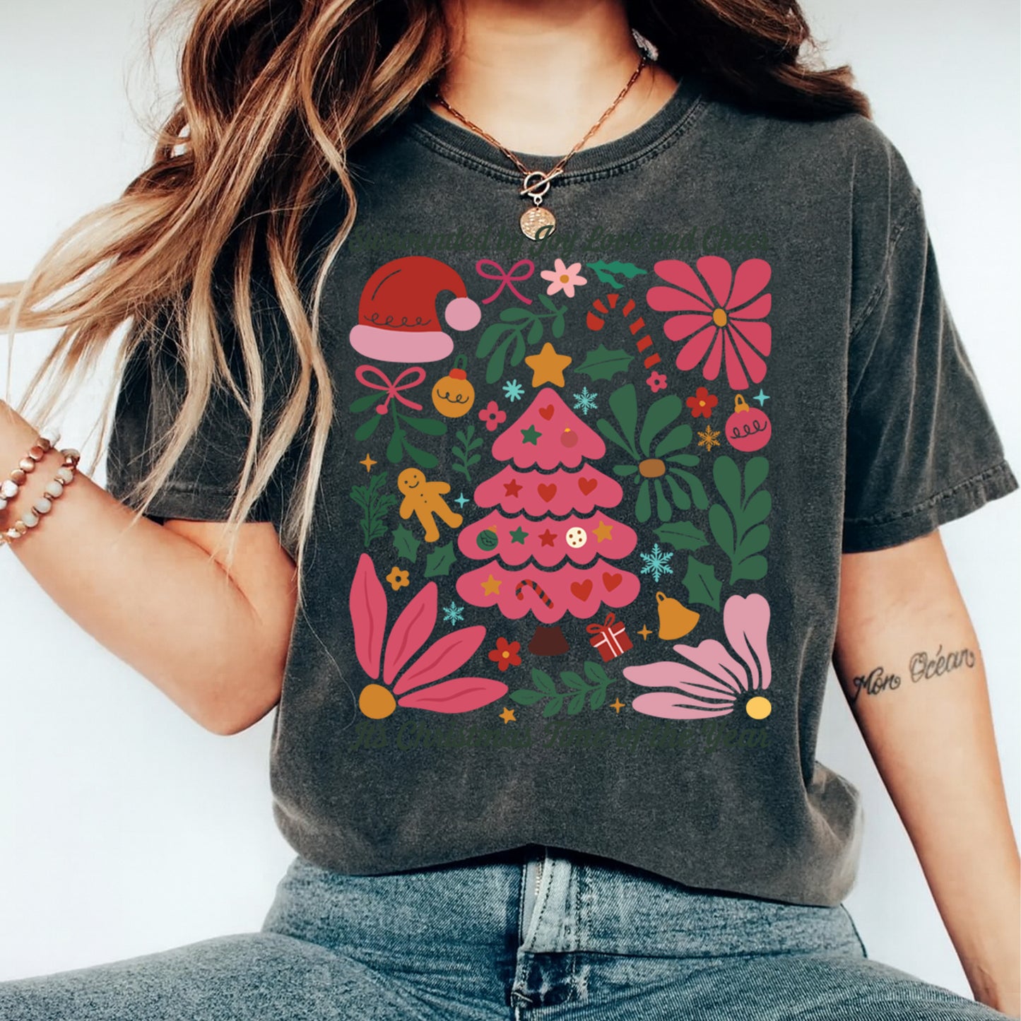 Christmas DTF Transfer – Pink Tree with Joy Love and Cheer Floral Holiday Elements Ready to Press Iron On Heat Transfer for DIY Shirts 11750