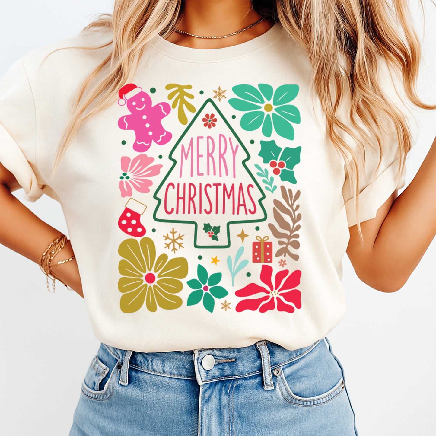 Christmas DTF Transfer – Merry Christmas Tree with Gingerbread and Florals Ready to Press Iron On Heat Transfer for DIY Shirts 11751