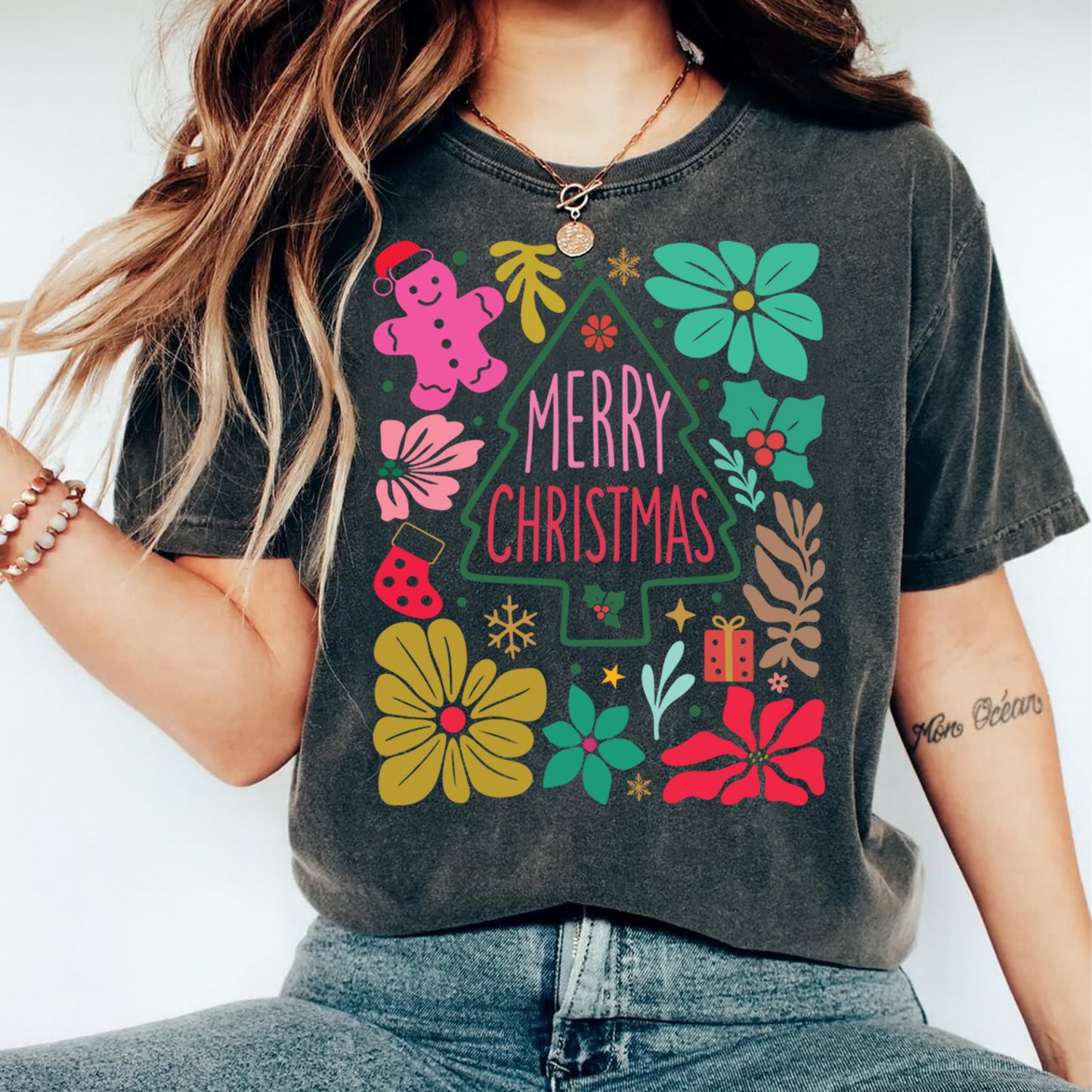 Christmas DTF Transfer – Merry Christmas Tree with Gingerbread and Florals Ready to Press Iron On Heat Transfer for DIY Shirts 11751