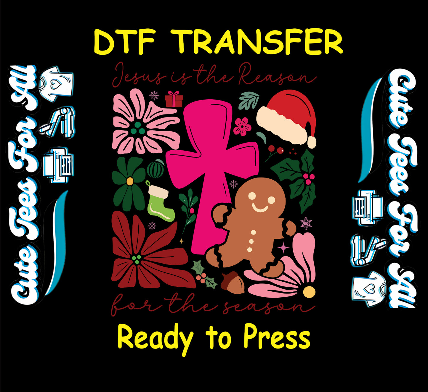 jesus is the reason cross with gingerbread and santa hat christmas ready to press dtf transfer iron on heat transfer diy shirts