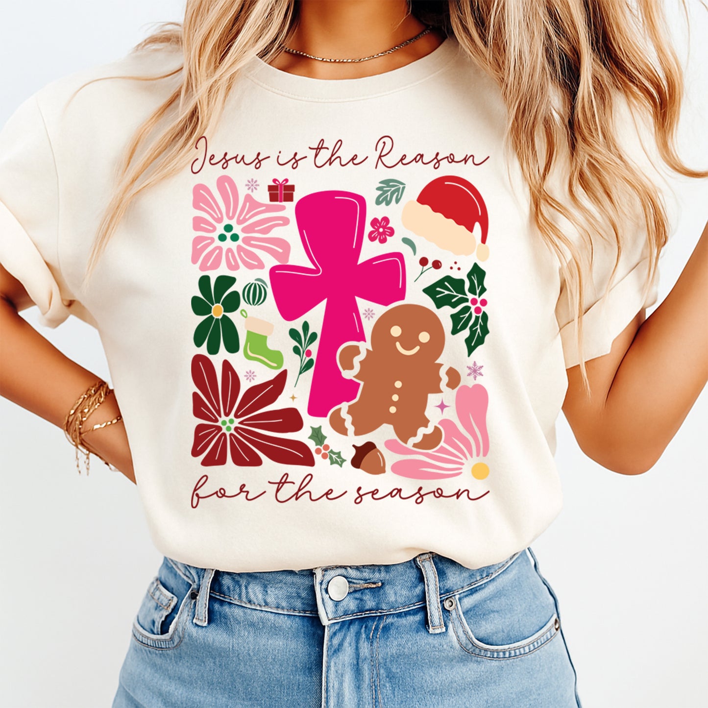 Christmas DTF Transfer – Jesus Is the Reason Cross with Gingerbread and Santa Hat Ready to Press Iron On Heat Transfer for DIY Shirts 11752