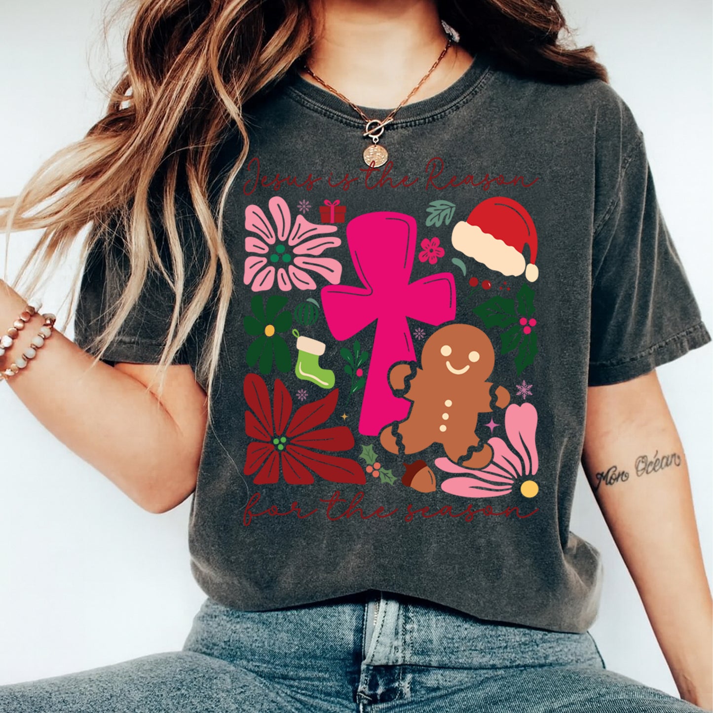 Christmas DTF Transfer – Jesus Is the Reason Cross with Gingerbread and Santa Hat Ready to Press Iron On Heat Transfer for DIY Shirts 11752