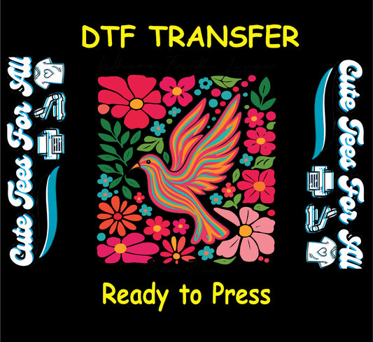 colorful dove bird with floral pattern ready to press dtf transfer iron on heat transfer diy shirts