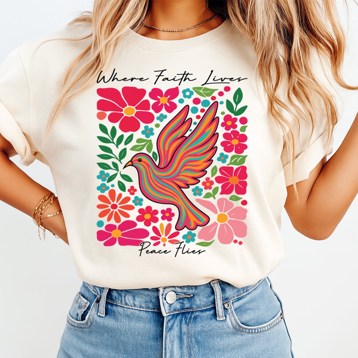 Colorful Dove DTF Transfer – Peace and Joy Floral Bird Ready to Press Iron On Heat Transfer for DIY Shirts 11753