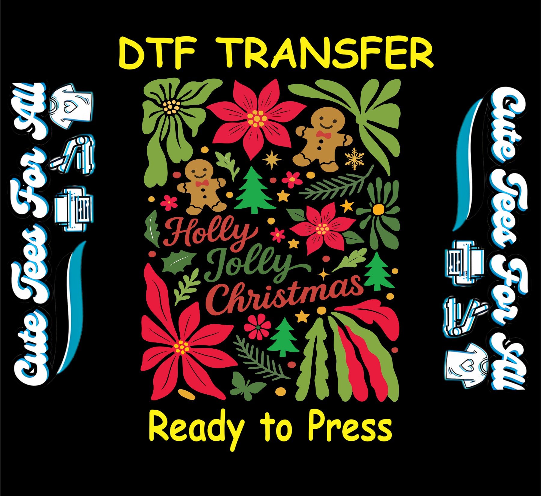 holly jolly christmas poinsettias and gingerbread ready to press dtf transfer iron on heat transfer diy shirts