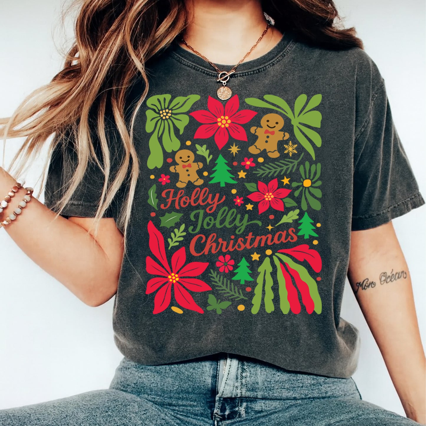 Christmas DTF Transfer – Holly Jolly Christmas with Poinsettias and Gingerbread Ready to Press Iron On Heat Transfer for DIY Shirts 11755