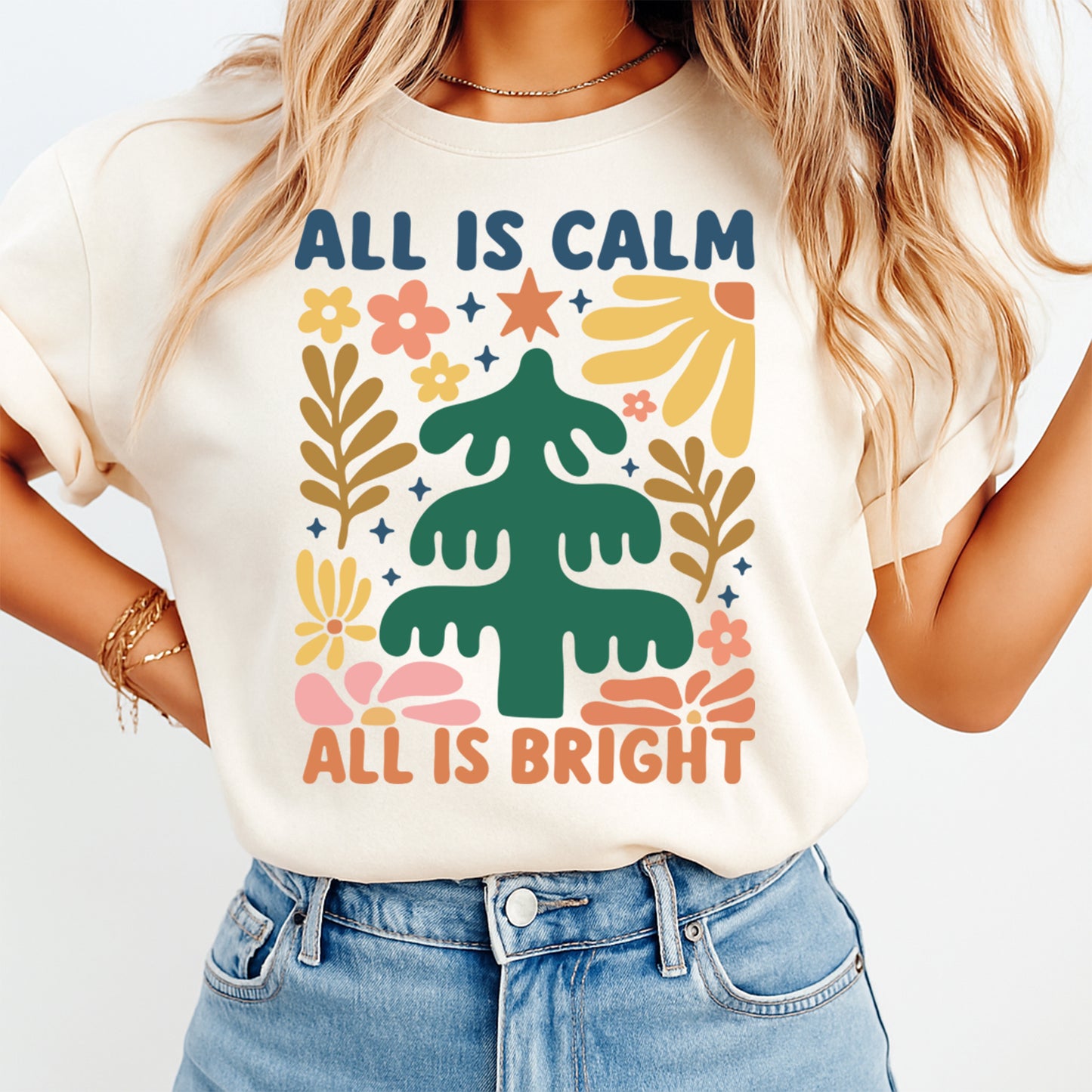 Christmas DTF Transfer – All Is Calm All Is Bright Retro Tree with Florals Ready to Press Iron On Heat Transfer for DIY Shirts 11756