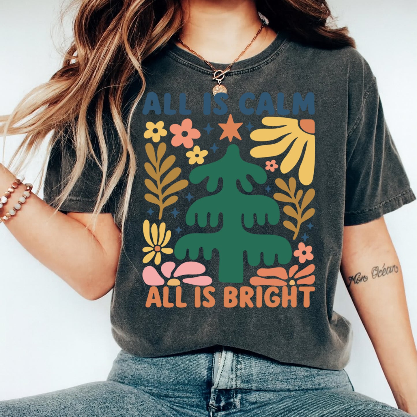 Christmas DTF Transfer – All Is Calm All Is Bright Retro Tree with Florals Ready to Press Iron On Heat Transfer for DIY Shirts 11756
