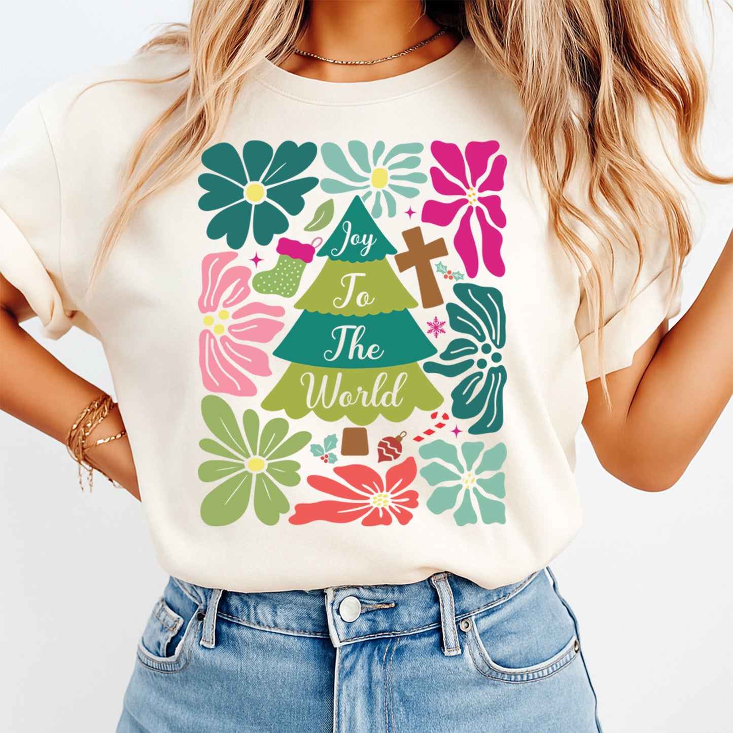 Christmas DTF Transfer – Joy to the World Tree with Cross and Florals Ready to Press Iron On Heat Transfer for DIY Shirts 11757