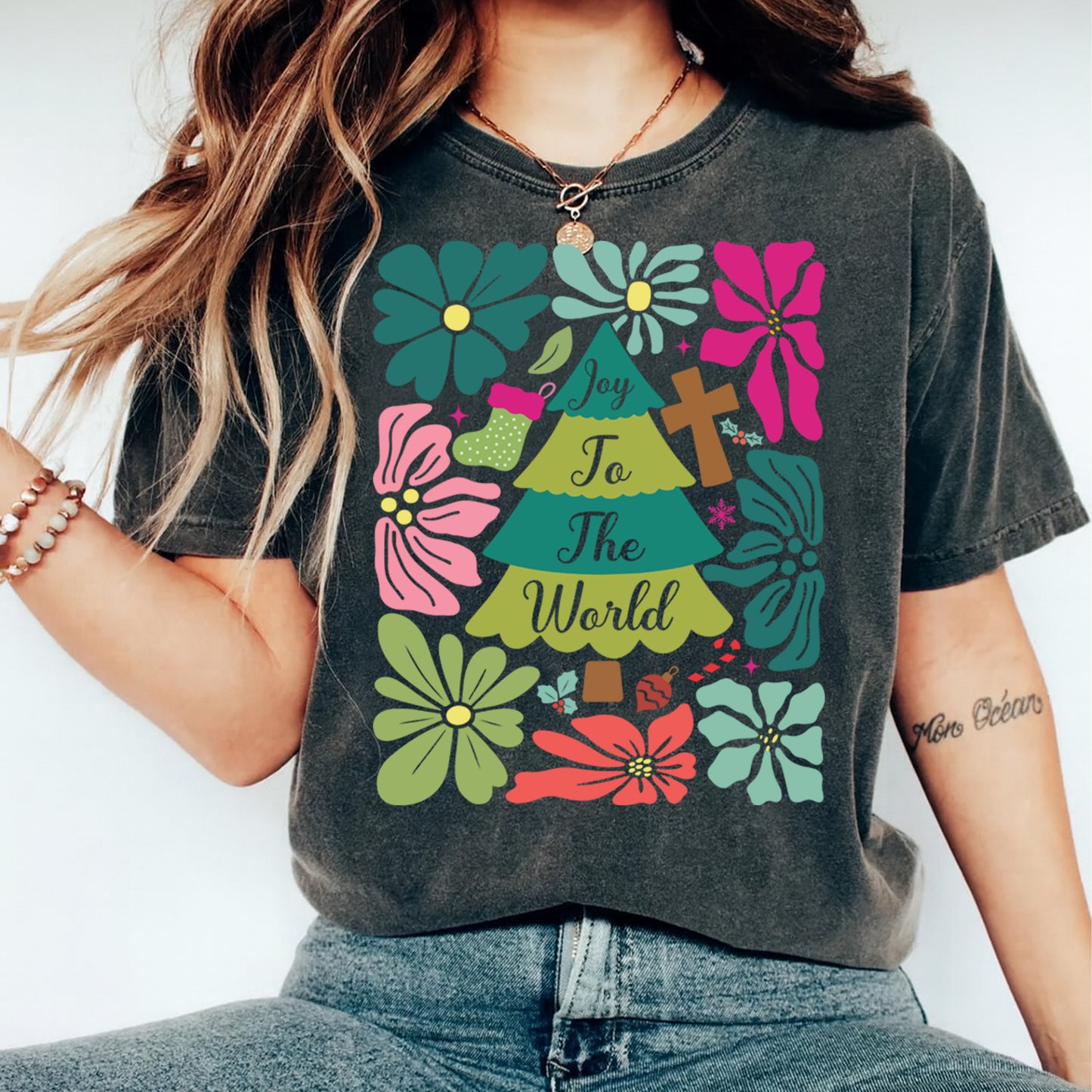 Christmas DTF Transfer – Joy to the World Tree with Cross and Florals Ready to Press Iron On Heat Transfer for DIY Shirts 11757