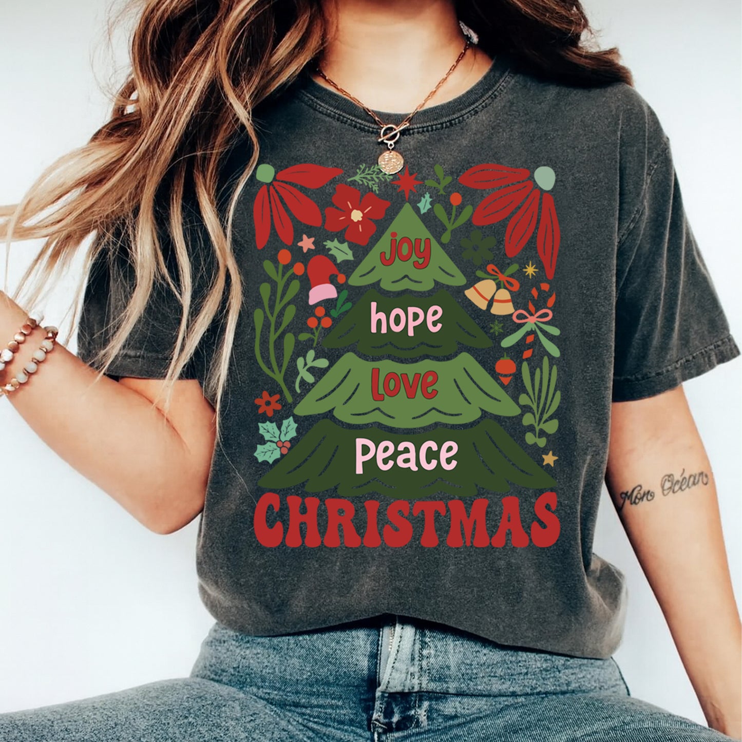 Christmas DTF Transfer – Joy Hope Love Peace Christmas Tree with Holiday Florals Ready to Press Iron On Heat Transfer for DIY Shirts 11758