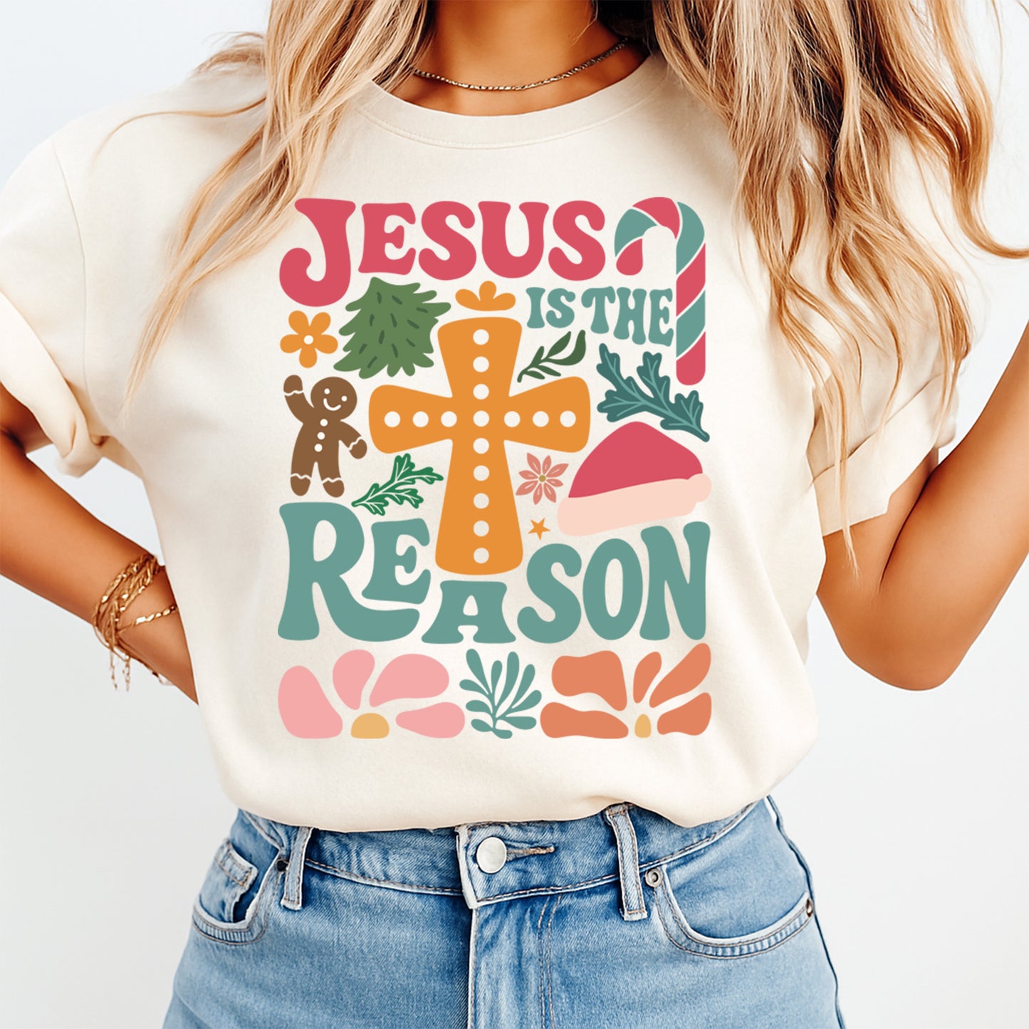 Christmas DTF Transfer – Jesus Is the Reason Cross & Holiday Icons Ready to Press Iron On Heat Transfer for DIY Shirts 11759