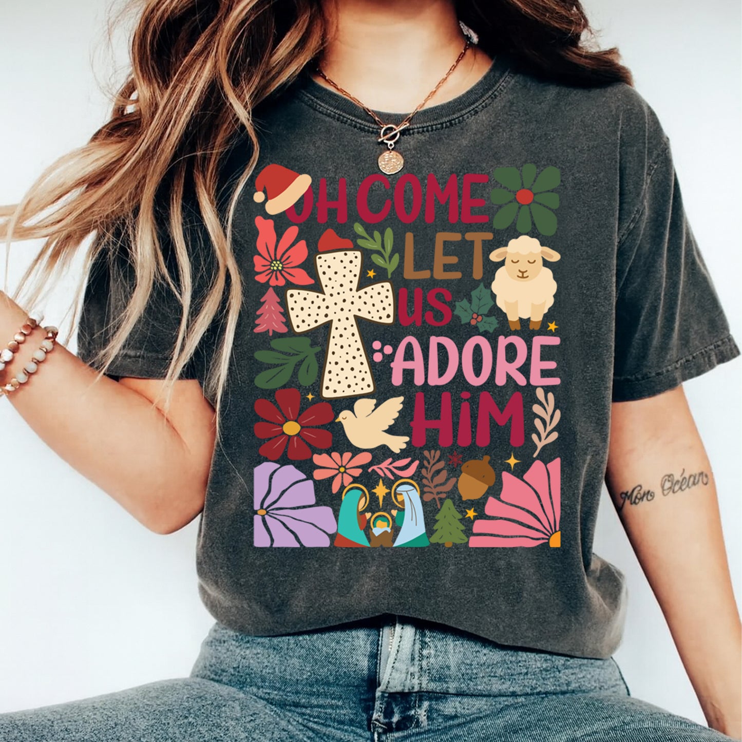 Christmas DTF Transfer – Oh Come Let Us Adore Him Nativity Cross & Holiday Icons Ready to Press Iron On Heat Transfer for DIY Shirts 11760