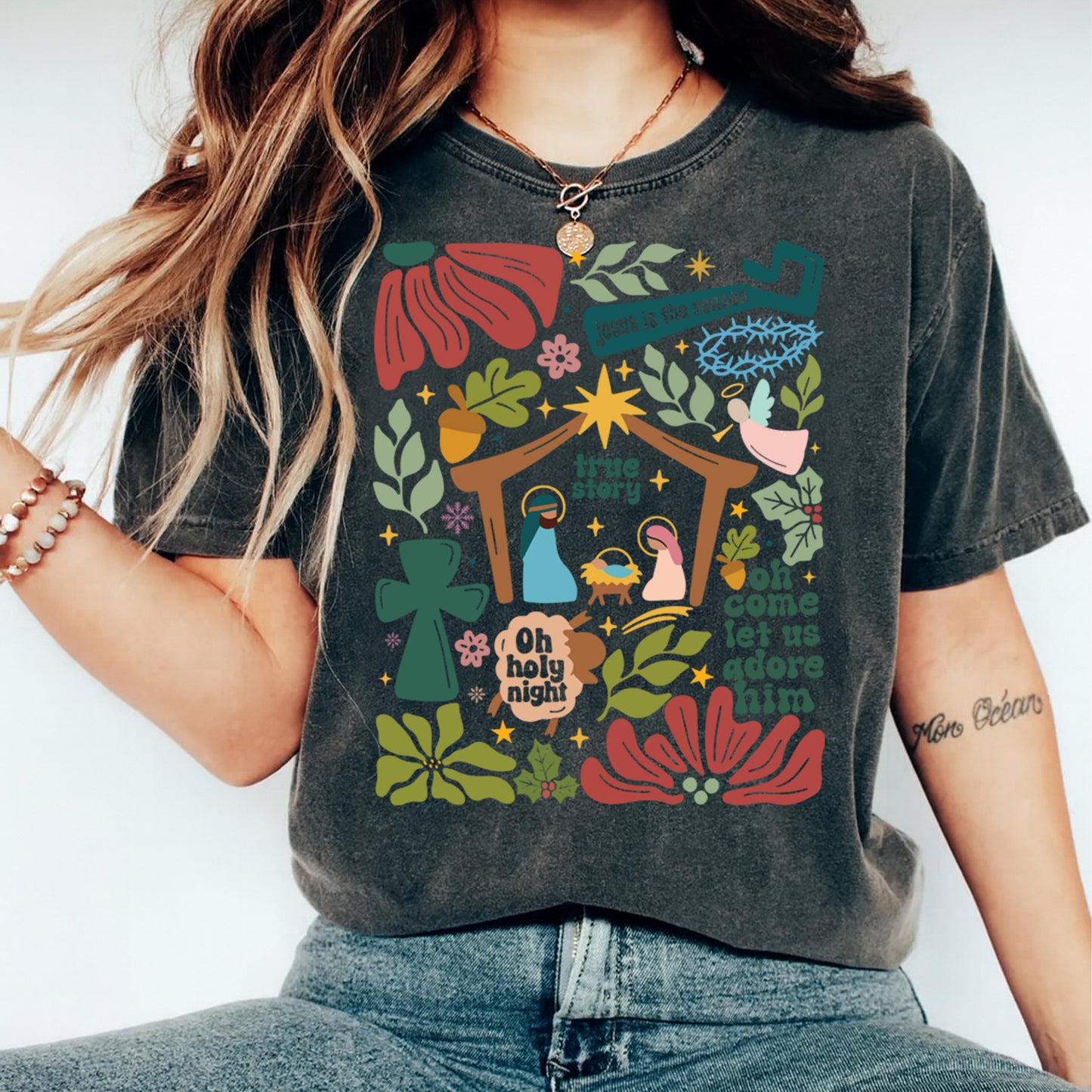 Christmas DTF Transfer – True Story Nativity with Jesus Is the Reason & Oh Holy Night Ready to Press Iron On Heat Transfer for DIY Shirts 11761