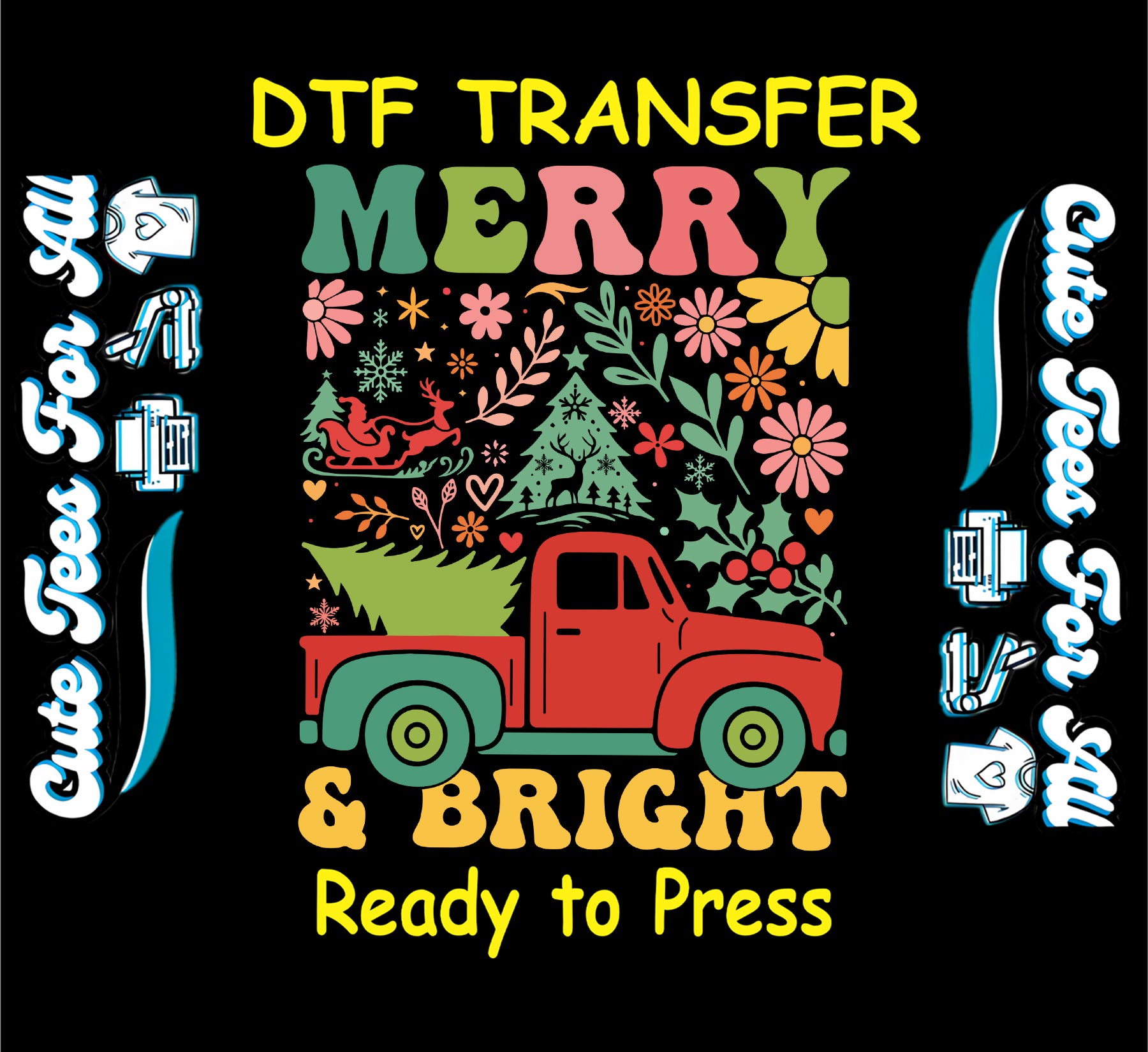 Merry & Bright red truck Christmas ready to press DTF transfer with trees, flowers, holly, and Santa sleigh
