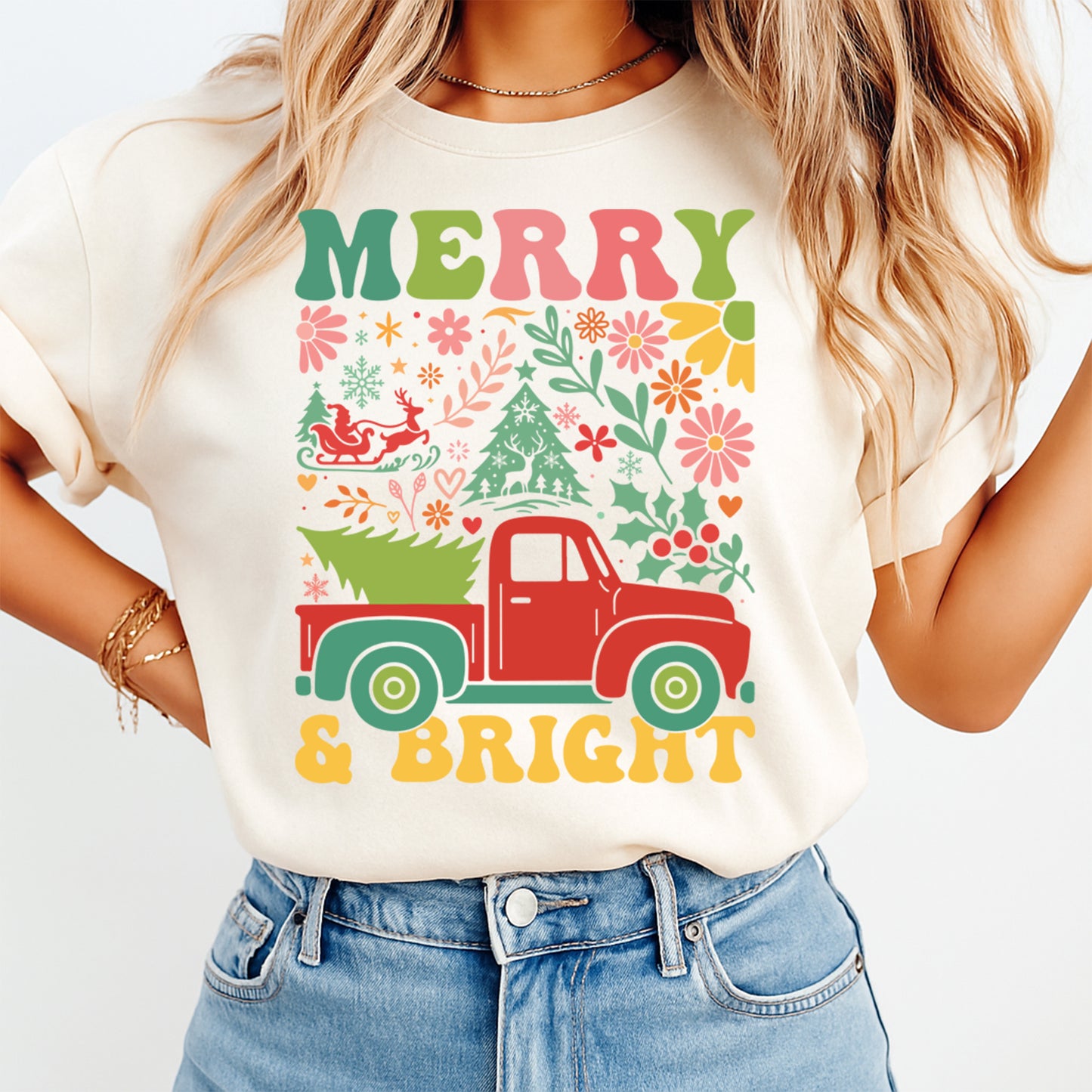 Christmas DTF Transfer – Merry & Bright Red Truck with Trees & Florals Ready to Press Iron On Heat Transfer for DIY Shirts 11764