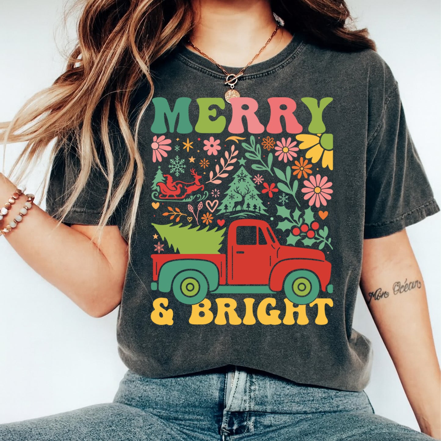 Christmas DTF Transfer – Merry & Bright Red Truck with Trees & Florals Ready to Press Iron On Heat Transfer for DIY Shirts 11764