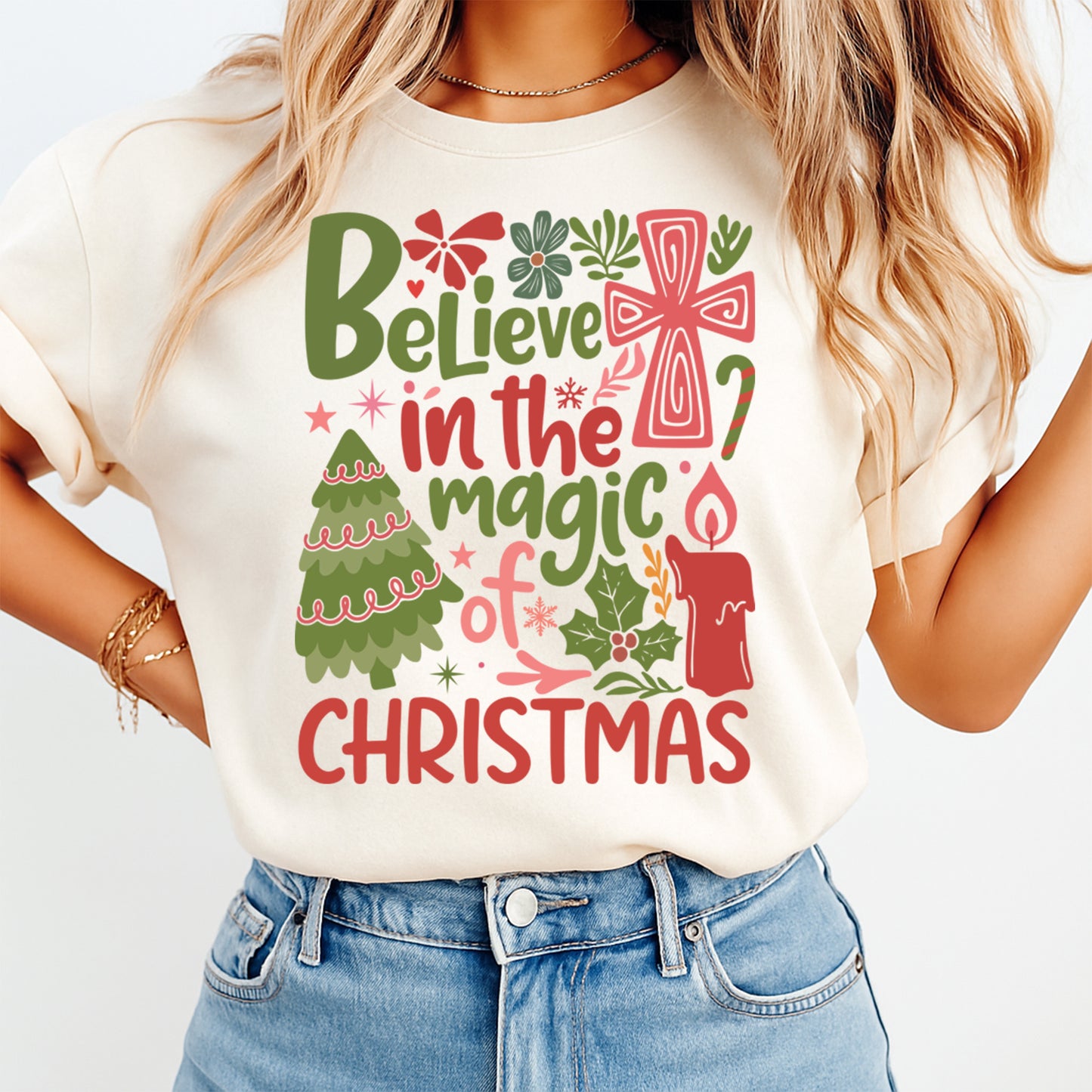 Christmas DTF Transfer – Believe in the Magic of Christmas Tree Cross & Candle Ready to Press Iron On Heat Transfer for DIY Shirts 11765
