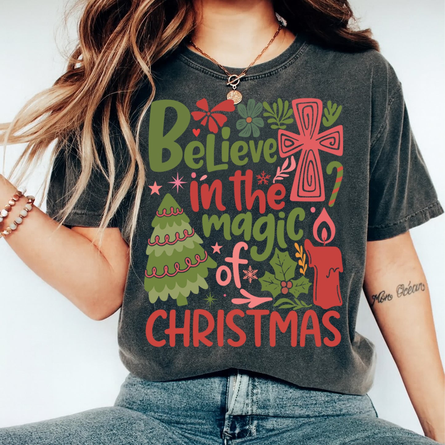 Christmas DTF Transfer – Believe in the Magic of Christmas Tree Cross & Candle Ready to Press Iron On Heat Transfer for DIY Shirts 11765