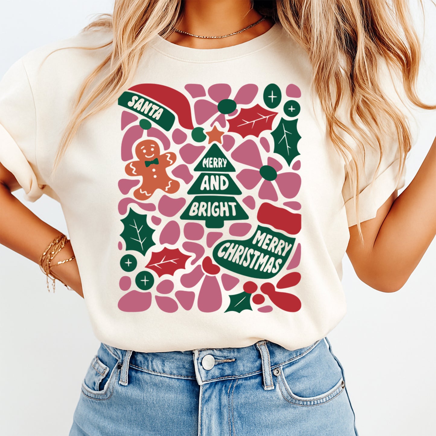 Christmas DTF Transfer – Merry and Bright Gingerbread Santa Hat & Holly Ready to Press Iron On Heat Transfer for DIY Shirts 11766